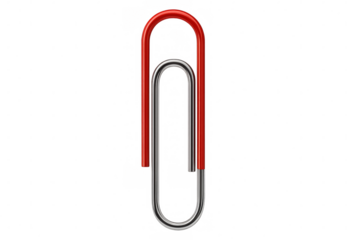 Red and silver paperclip holding something together on a transparent background, ideal for office and business concepts