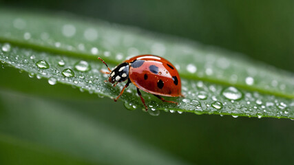 Obraz premium Bright Ladybug Crawling on Fresh Leaf in Nature 