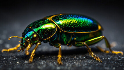 Fototapeta premium Macro Shot of Iridescent Green Beetle on Dark Surface 