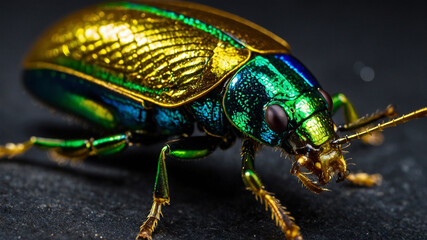 Naklejka premium Macro Shot of Iridescent Green Beetle on Dark Surface 