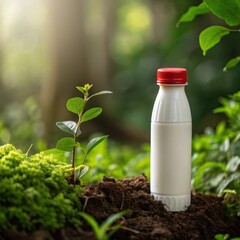 White opaque bottle with red cap standing upright on dark soil amidst lush green foliage and soft sunlight