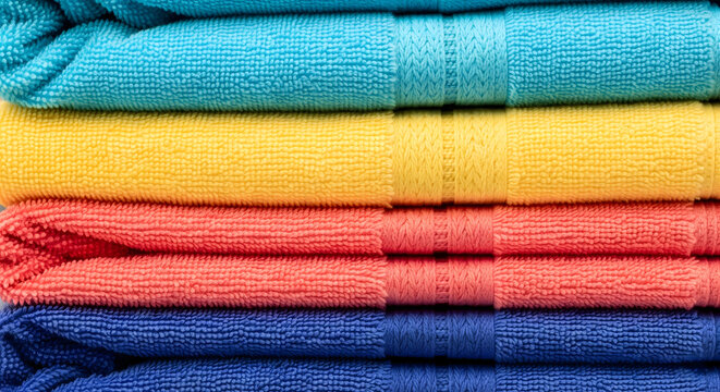 A neat stack of vibrant, folded towels in blue, yellow, red, and dark blue, showcasing their soft textures