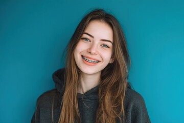 Fototapeta premium Young woman with braces, smiling brightly against a vibrant blue background, showcasing youthful energy and confidence, embodying joy and positivity in a casual setting