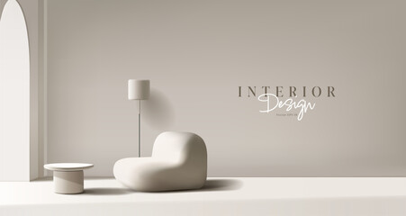 Soft armchair, floor lamp, coffee table, arch with bright light, 3D. Pastel colors. For concepts of modern comfortable rest, coziness. Vector illustration.