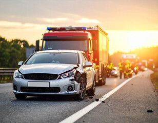 Car Accident on Highway Emergency Response at Sunset