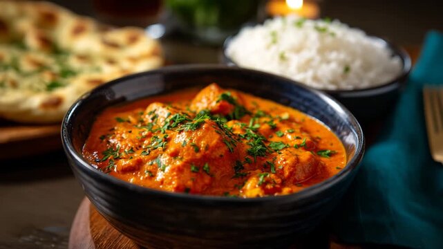 Spicy indian curry dish being served with rice and naan on rustic table setting