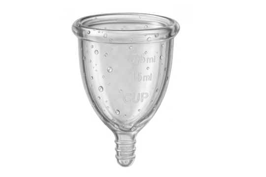 Clear silicone menstrual cup with water droplets isolated on transparent background