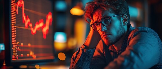 Young man analyzing stock market on computer with red graph in dimly lit office