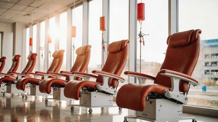 Blood donation room with comfortable chairs and equipment in a modern hospital - Powered by Adobe