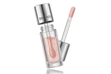 Shimmery pink lip gloss bottle with applicator isolated on transparent background