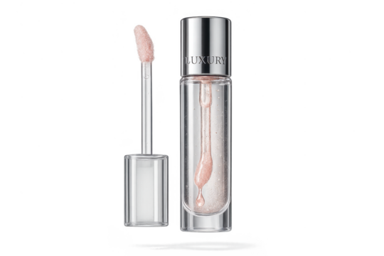 Luxury shimmering lip gloss and applicator isolated on transparent background