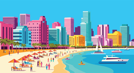 Obraz premium Adobe Illustrator Artwork flat style picturesque illustration of the vibrant Miami cityscape featuring colorful Art Deco buildings, palm trees, and flamingos on the beach, ideal for travel
