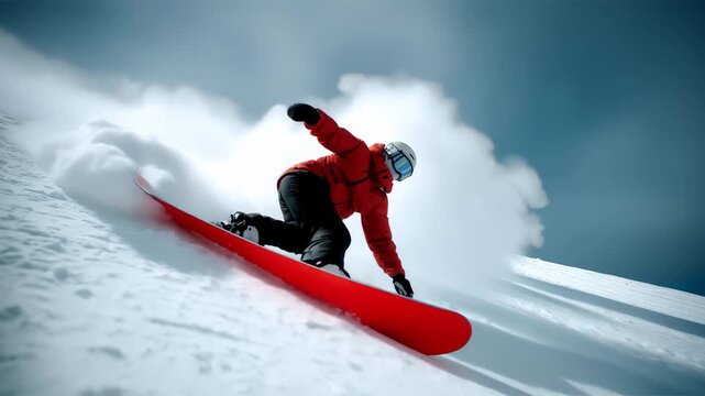 Dynamic snowboarder carves down pristine mountain slope under clear blue sky