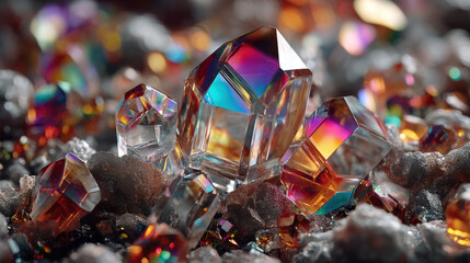 Colorful crystal gems with rainbow reflection on glittery surface in macro view