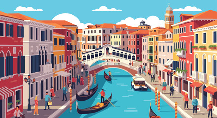 Adobe Illustrator Artwork flat style picturesque illustration of the charming Venice cityscape with the Rialto Bridge over a bustling canal filled with gondolas and walking pedestrians