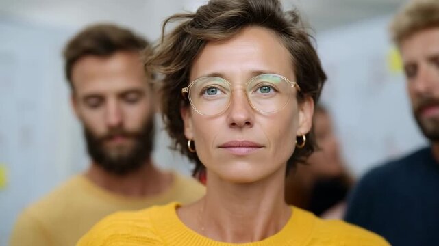 Confident woman in yellow sweater leading diverse group in creative office setting