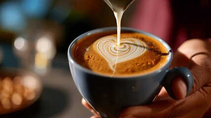 Smooth coffee art creation captured in slow motion with pouring milk into latte - Powered by Adobe
