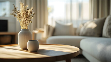 a living room scene with a simple modern coffee table in the foreground In the background a soft living room with pastel colors Natural materials furniture and a wa