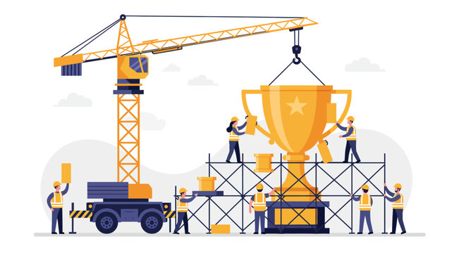 Construction team building a giant trophy in flat design for success presentation