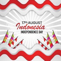 Obraz premium Indonesia Independence Day Greeting Banner with Wavy Flags and Colorful Bunting.