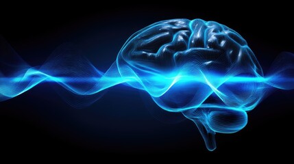 Abstract glowing blue brain showing alpha rhythms flowing, promoting mental sharpness and cognitive stimulation. Auditory waves enhance clarity, bringing deep healing and calmness.