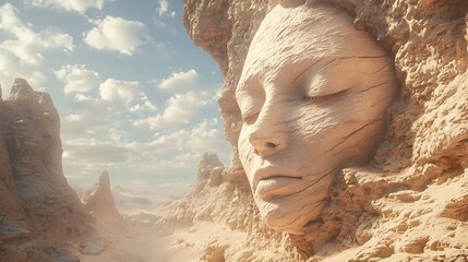 a poetic fusion of face and earth, emotional topography blending skin with desert ridges and lush valleys, surreal dreamlike tone 