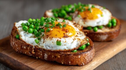 Two slices of golden-brown toast topped with sunny-side-up eggs and fresh green peas create a hearty breakfast that is visually appealing and packed with flavor.