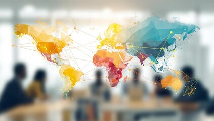 A global map with connecting lines between different countries, indicating the reach of digital marketing in various regions and nationalities, set against an office background Generative AI - Powered by Adobe