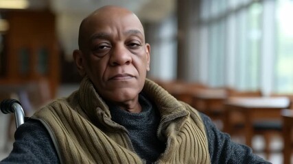 Pensive elderly man in wheelchair reflecting in sunlit library environment - Powered by Adobe