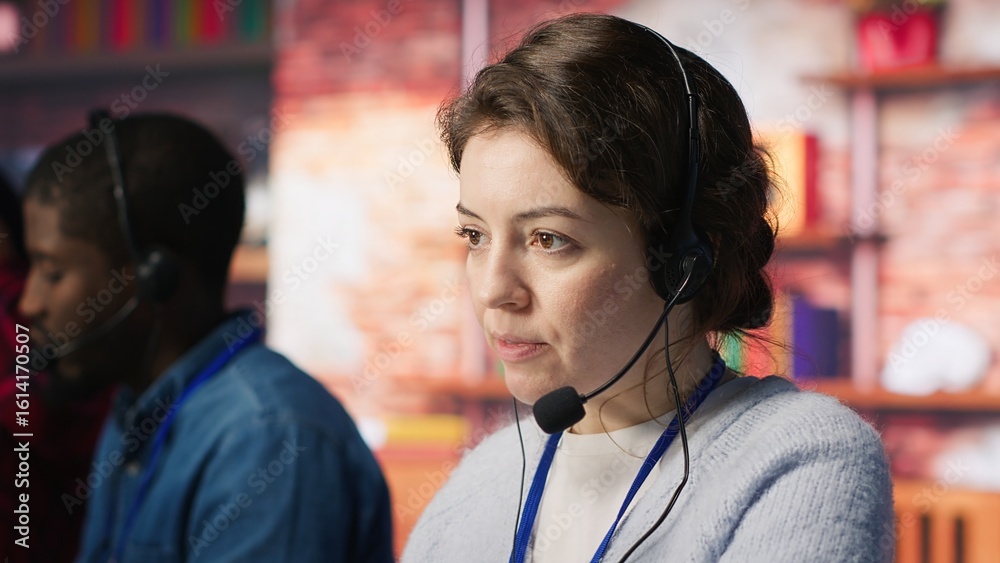 Poster call center worker using artificial intelligence customer service management software. customer serv
