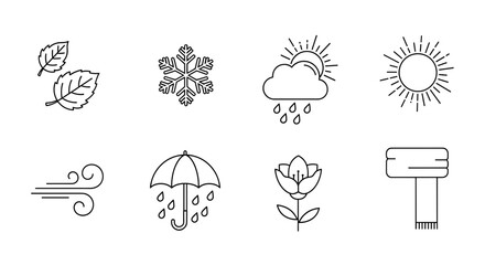 Fototapeta premium Illustration depicting seasons and weather elements including leaves snowflake sun and rain cloud