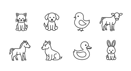 Fototapeta premium Collection of eight cartoon animal illustrations including cat dog chick calf horse pony duck rabbit