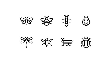 Fototapeta premium Collection of eight insect icons including butterfly bee ant ladybug dragonfly mosquito and beetles icon set