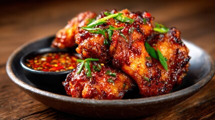 An appetizing plate of glazed chicken wings garnished with fresh green onions, served with a dipping sauce, ideal for food lovers and culinary enthusiasts.