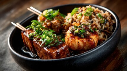 A beautifully arranged plate of grilled scallops on skewers served alongside flavorful rice, garnished with fresh green onions in a rustic bowl, highlighting culinary artistry.