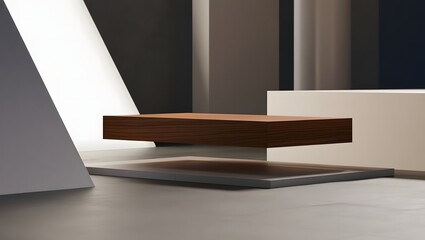 Minimalist 3D render of a floating wooden podium for product display on an abstract geometric background with clean lighting.