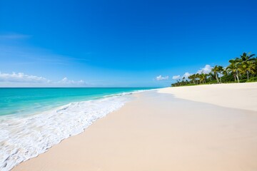 Beautiful tropical beach paradise with white sand, turquoise water, and palm trees under a clear blue sky.