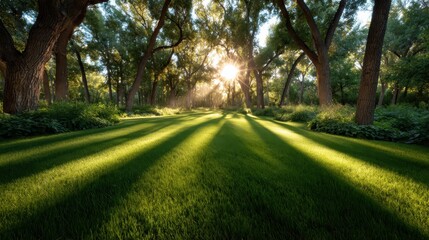 Fototapeta premium A captivating view of light cascading through tree leaves, with perfectly manicured green grass reflecting serenity and the beauty of nature in a sunlit woodland scene.