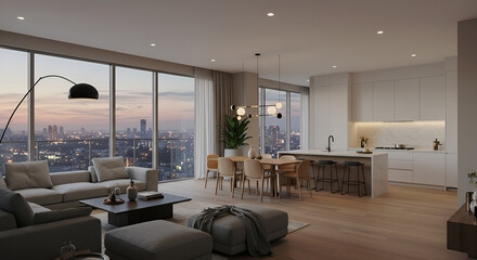 Bright, modern apartment interior with open floor plan, featuring a living room, dining area, and kitchen with city views through large windows.