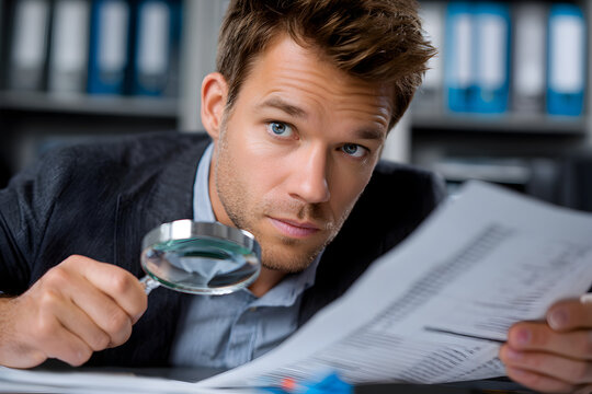Business Accountability Concept: Accountant Analyzing Financial Reports and Budget Decisions With Magnifying Glass