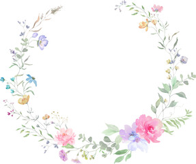  Watercolor wreath with painted flowers, eucalypt leaves, wildflowers, herbs. Hand drawn floral illustration. Vector EPS.