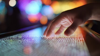 Closeup medium shot highlighting a hand gliding over braille dots on a tactile music lyrics kiosk with a softly blurred stage and colorful lights creating an immersive atmosphere