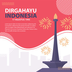Happy Indonesia Independence Day Poster with Monas Monument and Fireworks.