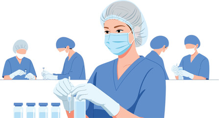 Illustration of medical personnel preparing medication in a sterile environment setting