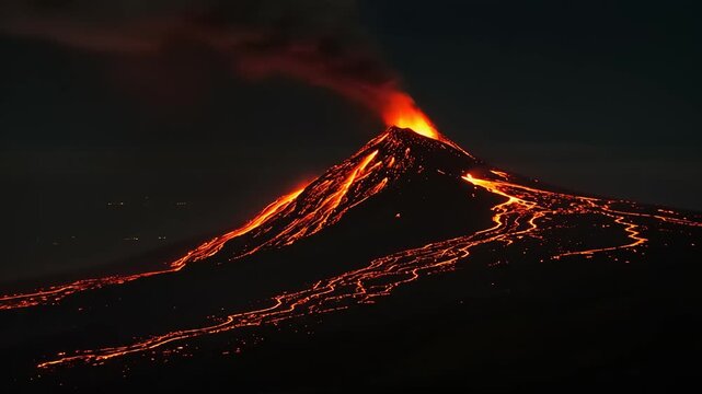Spectacular volcanic eruption at night with flowing lava creating a fiery riverscape