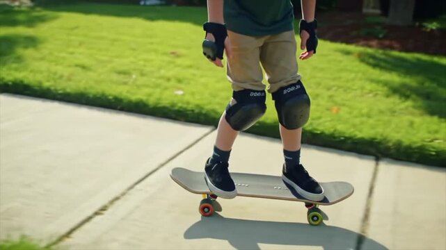 Young boy learning to ride a skateboard on a sunny suburban sidewalk.