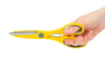 Woman holding tailor's scissors isolated on white
