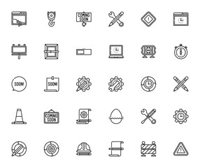 Work in Progress icon set. Vector illustration. Minimal line icons pack. Includes paint, crane, pencil, warning sign, clock, billboard, wrench, helmet, barrier and more. Editable stroke.