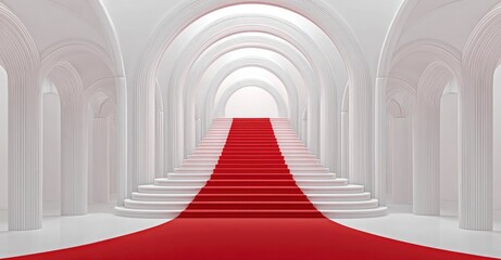 Obraz premium White arched hallway leads to a bright opening, adorned with a vivid red staircase carpet
