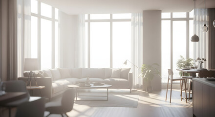 Fototapeta premium Bright living room interior with a large sofa, table, chairs, and floor-to-ceiling windows letting in sunlight.